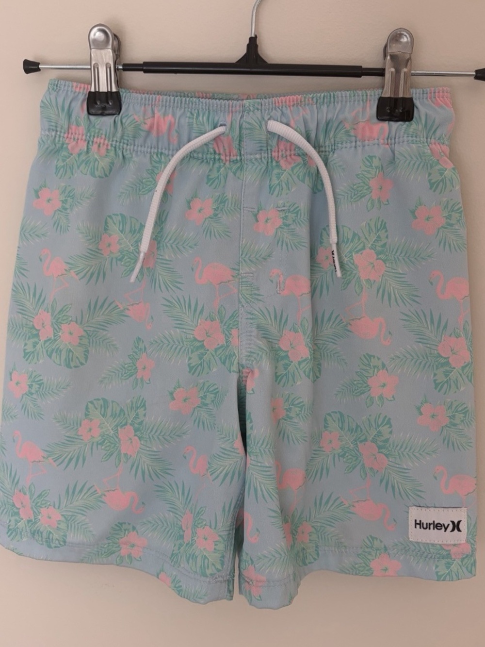 Hurley Floral Flamingo Swim Trunks Blue/Pink/Green Drawstring Pockets Sz 6
